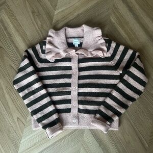 Maeve Pink and Brown Striped Ruffle-Collar Cardigan Sweater